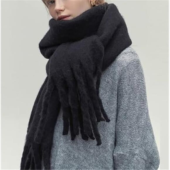 Women Cashmere Feel Scarf, Soft Warm Black - Picture 6 of 6